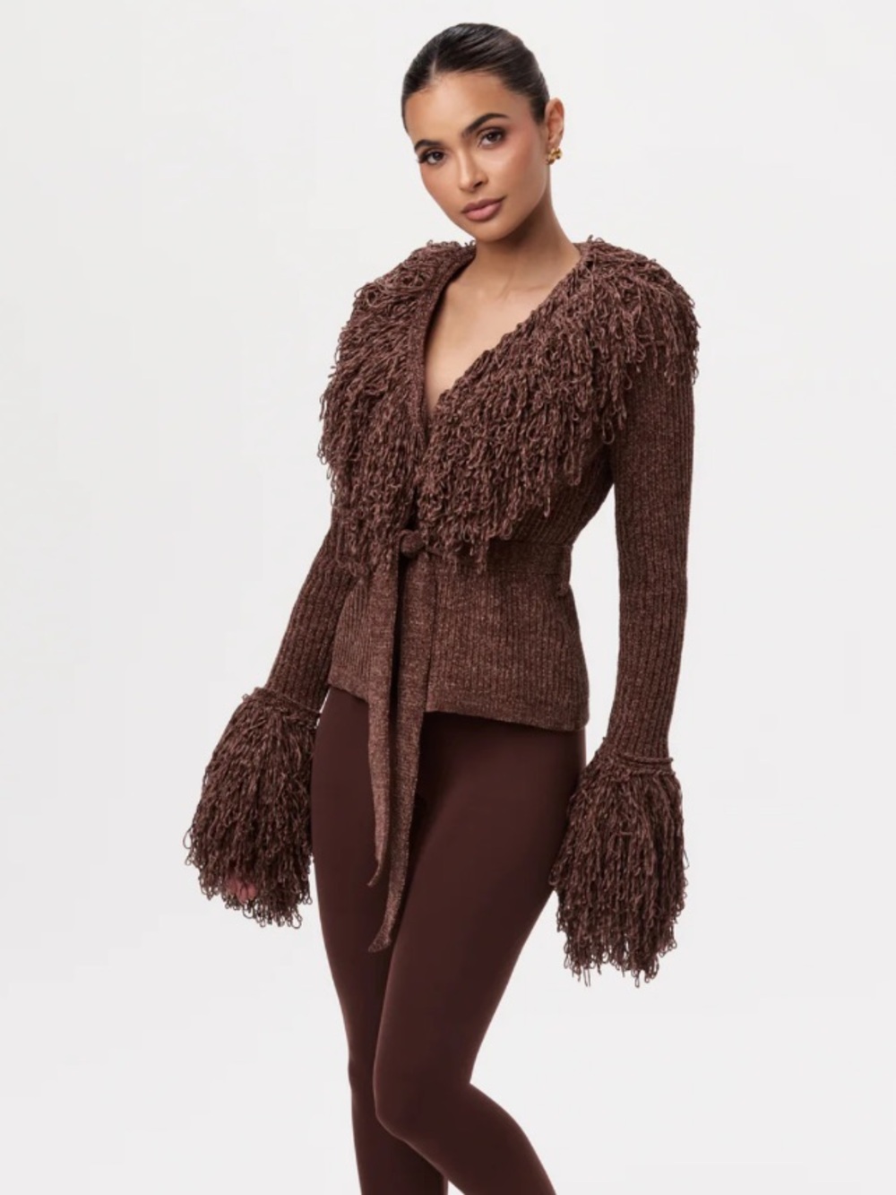 Naked Wardrobe Knit Fringe V-Neck Cardigan Brown Chenille Wrap Size Large - Picture 5 of 13